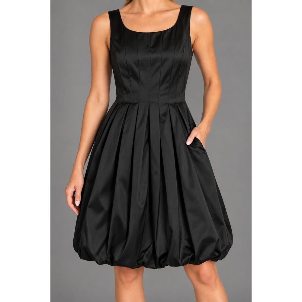 Maggy London Black Satin Fit & Flare Dress Size 12 Pleated Bubble Hem NWT